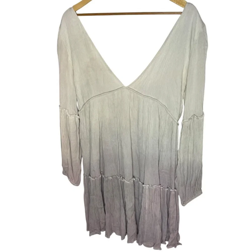 R. Vivimos Women's L Plunge Neck Tiered Tunic Dress Light Gray Angelic Fairycore